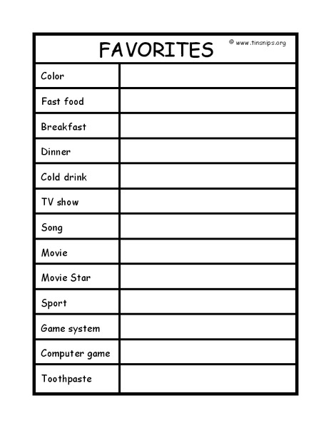 Favorites Worksheet