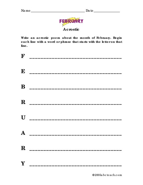 February acrostic poem Worksheet