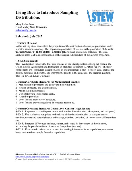 Using Dice to Introduce Sampling Distributions Lesson Plan