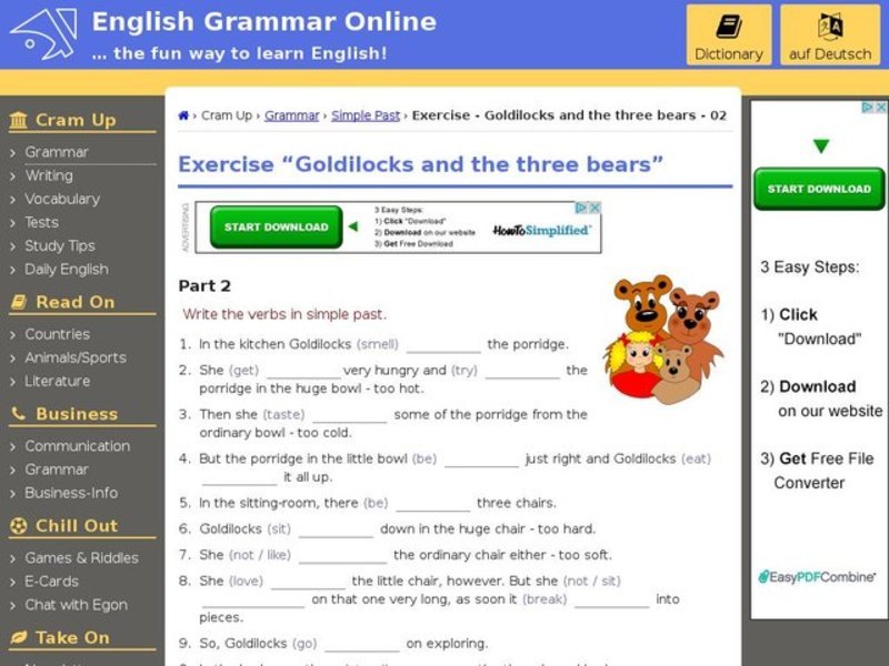Verbs in Simple Past Tense "Goldilocks and the Three Bears" Interactive