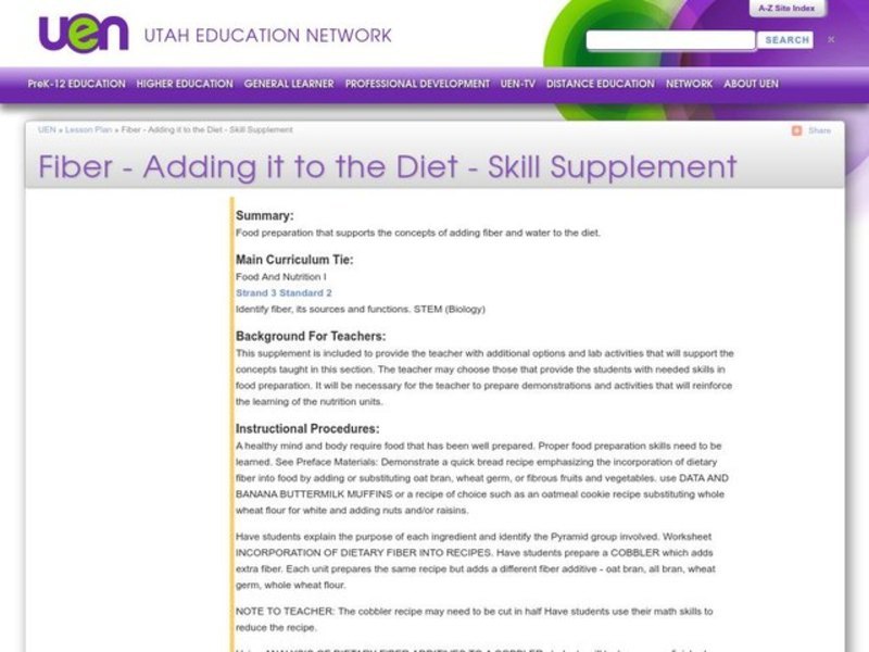Fiber - Adding It To The Diet - Skill Supplement Lesson Plan