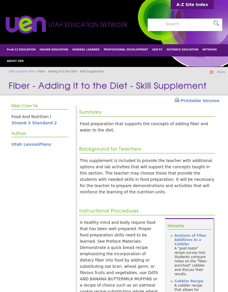 Fiber - Adding it to the Diet - Skill Supplement Lesson Plan