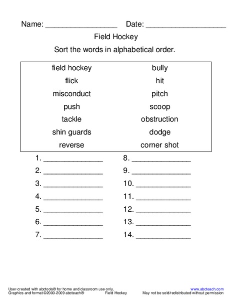 Field Hockey Worksheet