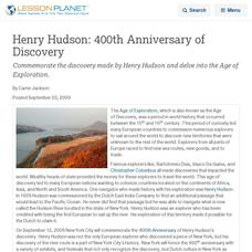 Henry Hudson: 400th Anniversary of  Discovery Lesson Planet Article