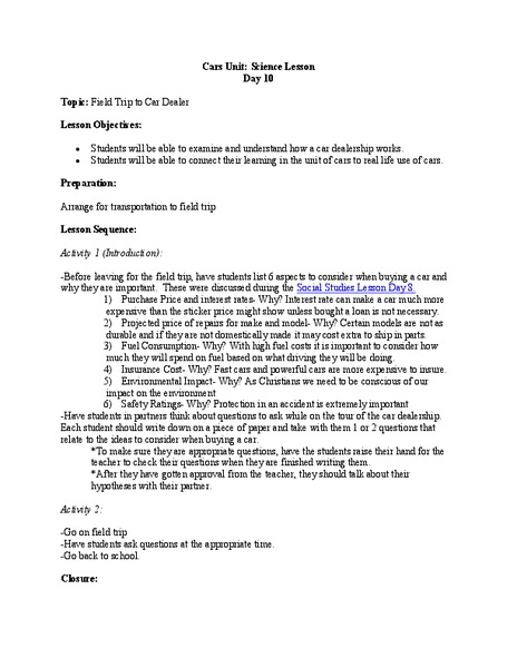 Field Trip to Car Dealer Lesson Plan