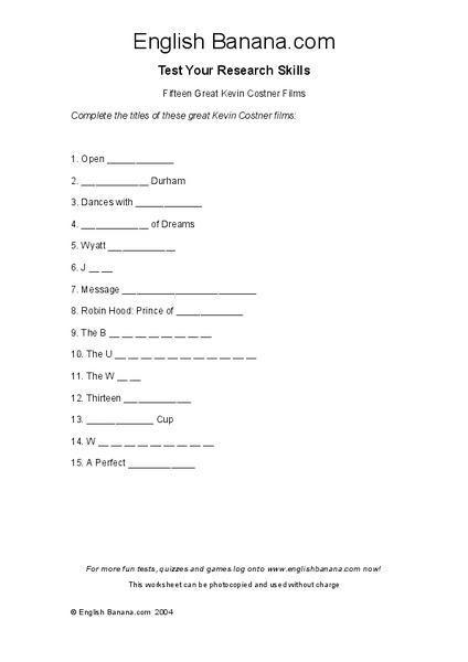 Fifteen Great Kevin Costner Films Worksheet