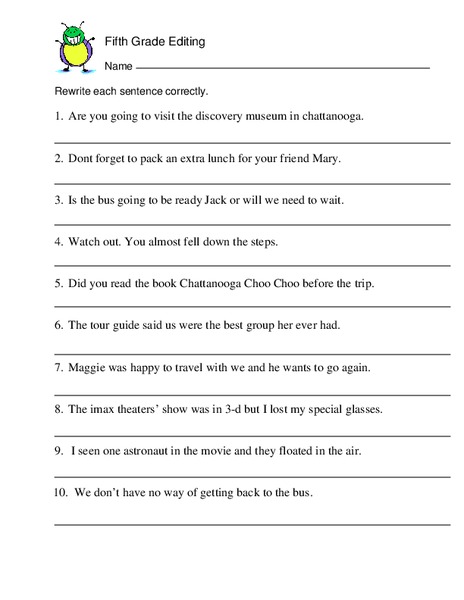 Fifth Grade Editing Worksheet