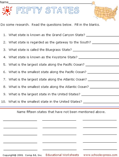 Fifty States Worksheet