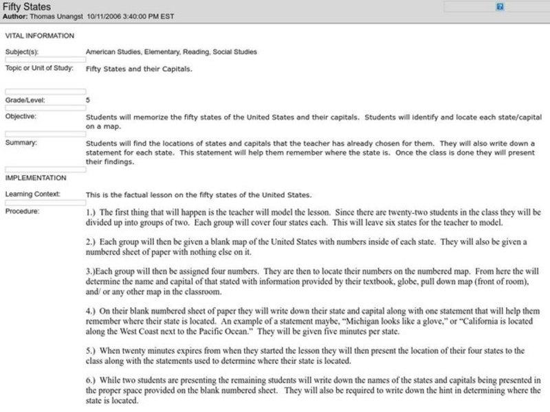 Fifty States Lesson Plan