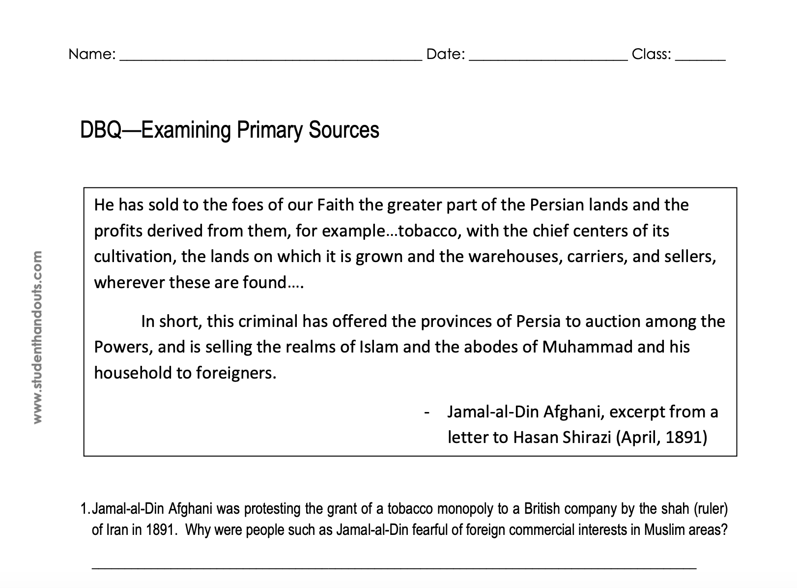 Excerpt from Jamal-al-Din Afghani's "Letter to Hasan Shirazi" (April, 1891) Worksheet