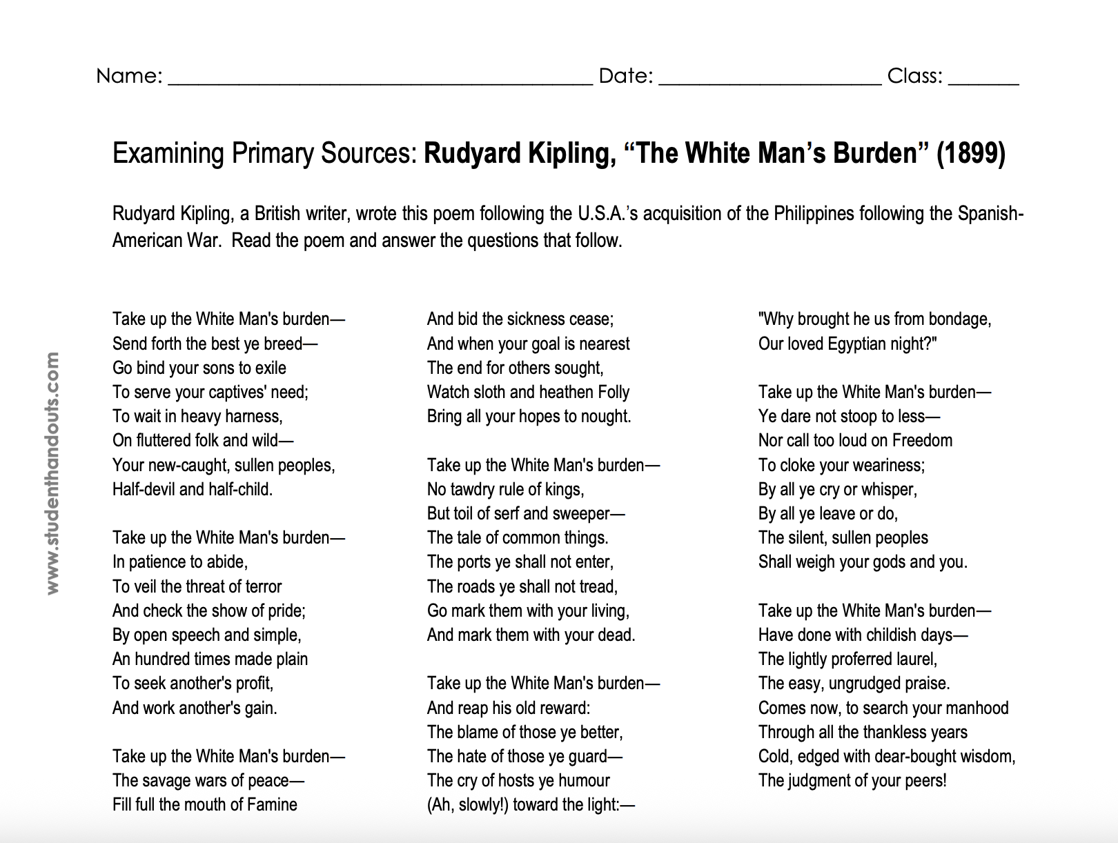 Rudyard Kipling's "The White Man's Burden" (1899) Worksheet