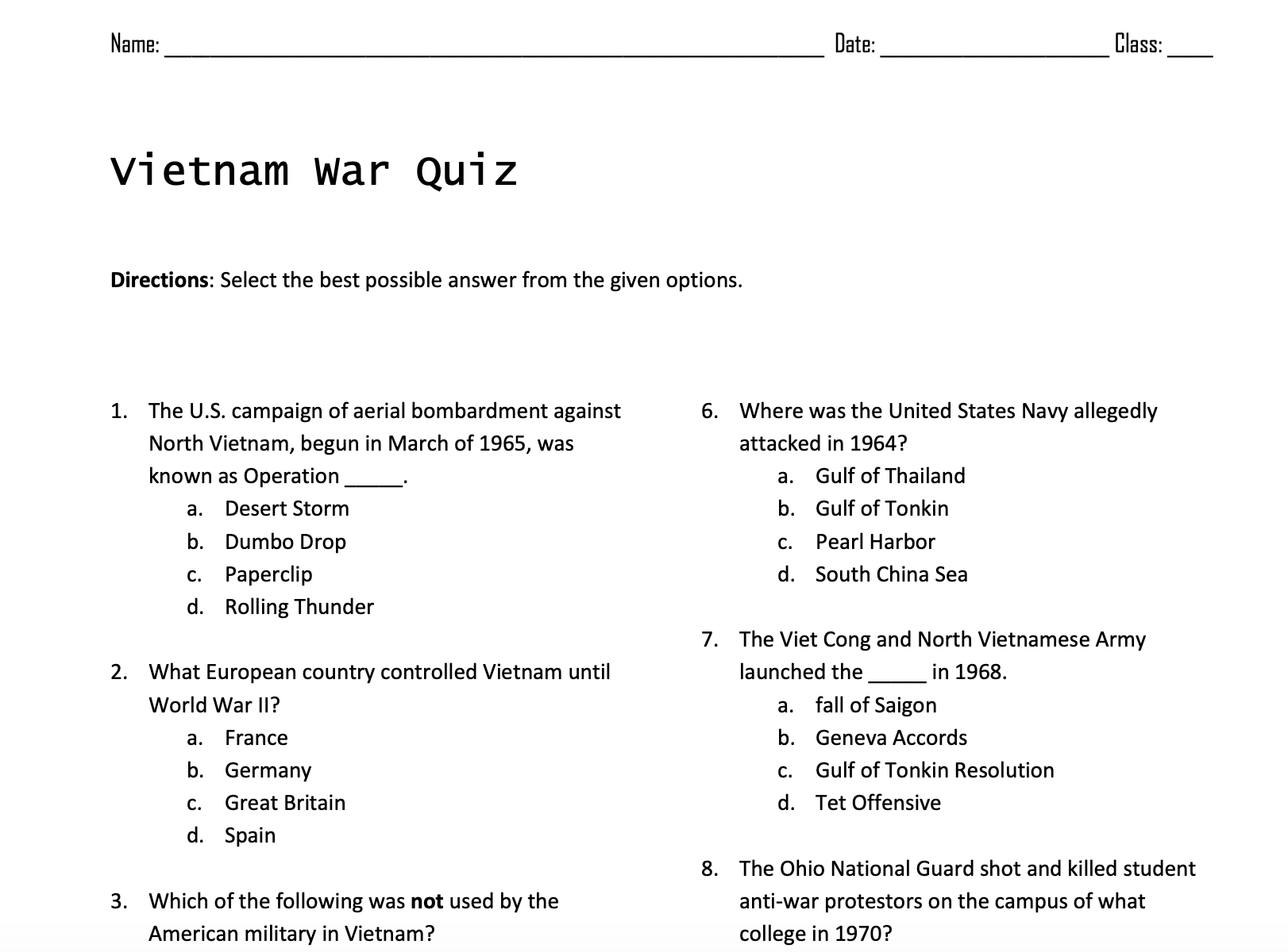 Vietnam War Quiz Worksheet