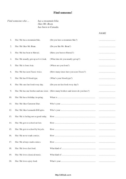 Find Someone Worksheet