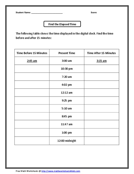 Find the Elapsed Time Worksheet