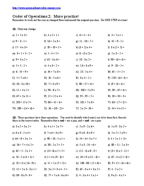 Order of Operations 2 - More Practice! Worksheet