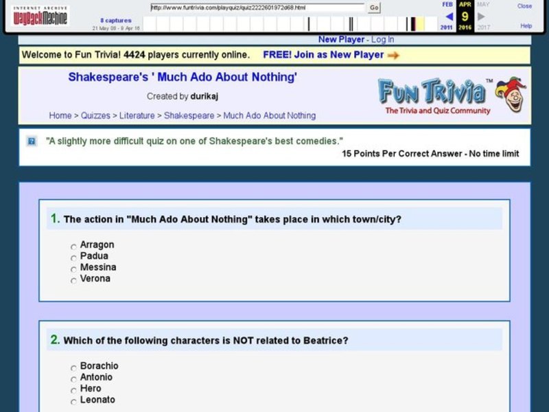 Shakespeare's Much Ado About Nothing: Fun Trivia Quiz Interactive