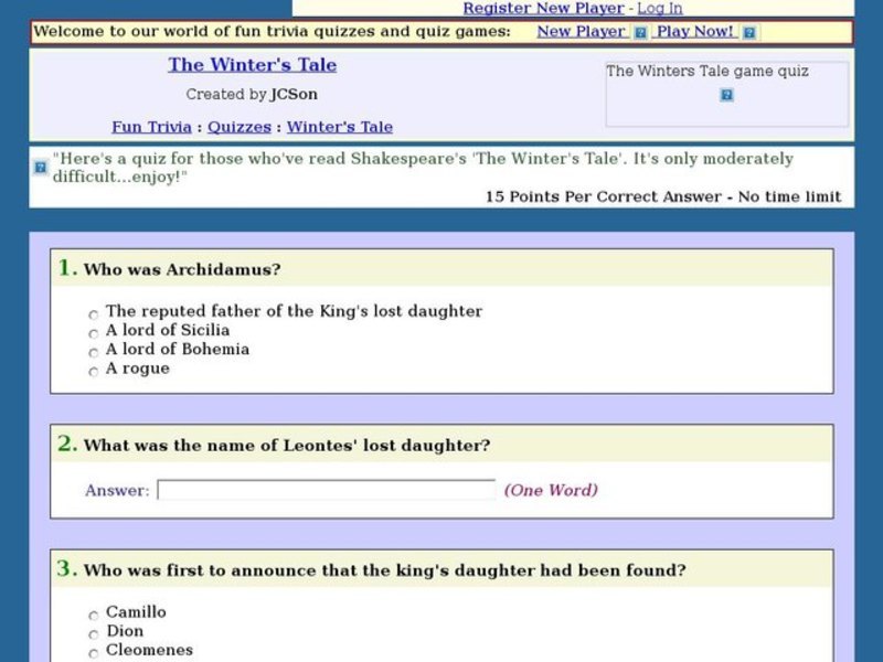The Winter's Tale: Fun Trivia Quiz Interactive