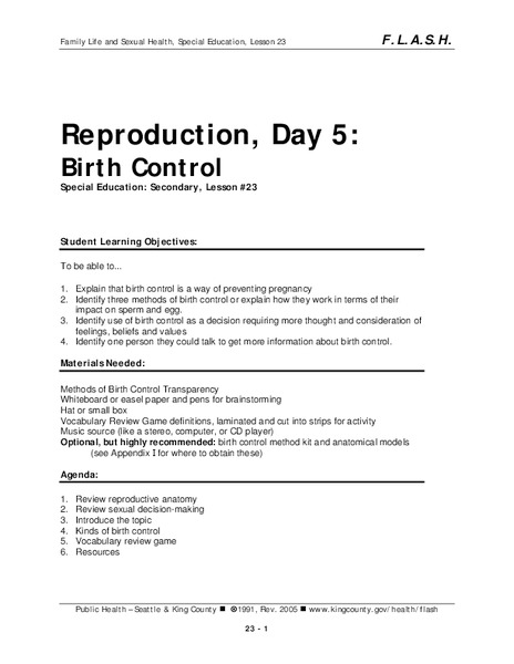 Lesson 23: Reproduction - Day 5: Birth Control Lesson Plan