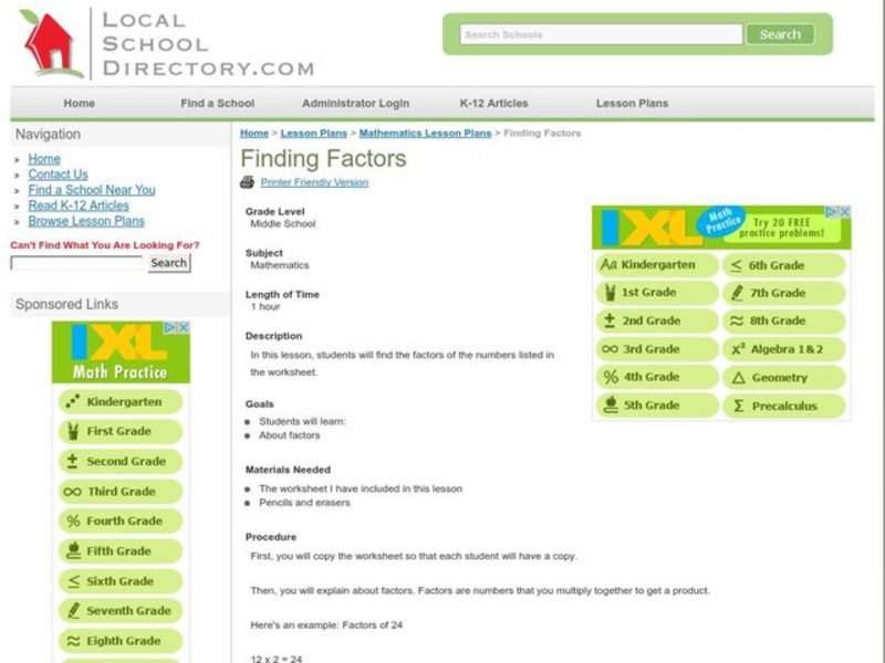 Finding Factors Lesson Plan