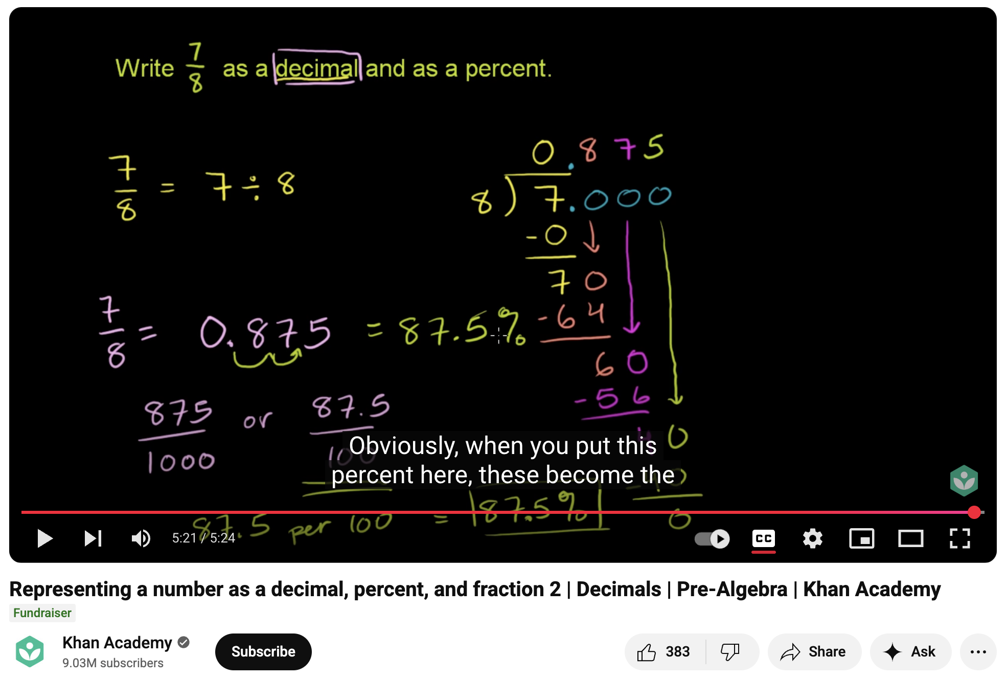Representing a Number as a Decimal, Percent, and Fraction 2, Decimals, Pre-Algebra Instructional Video