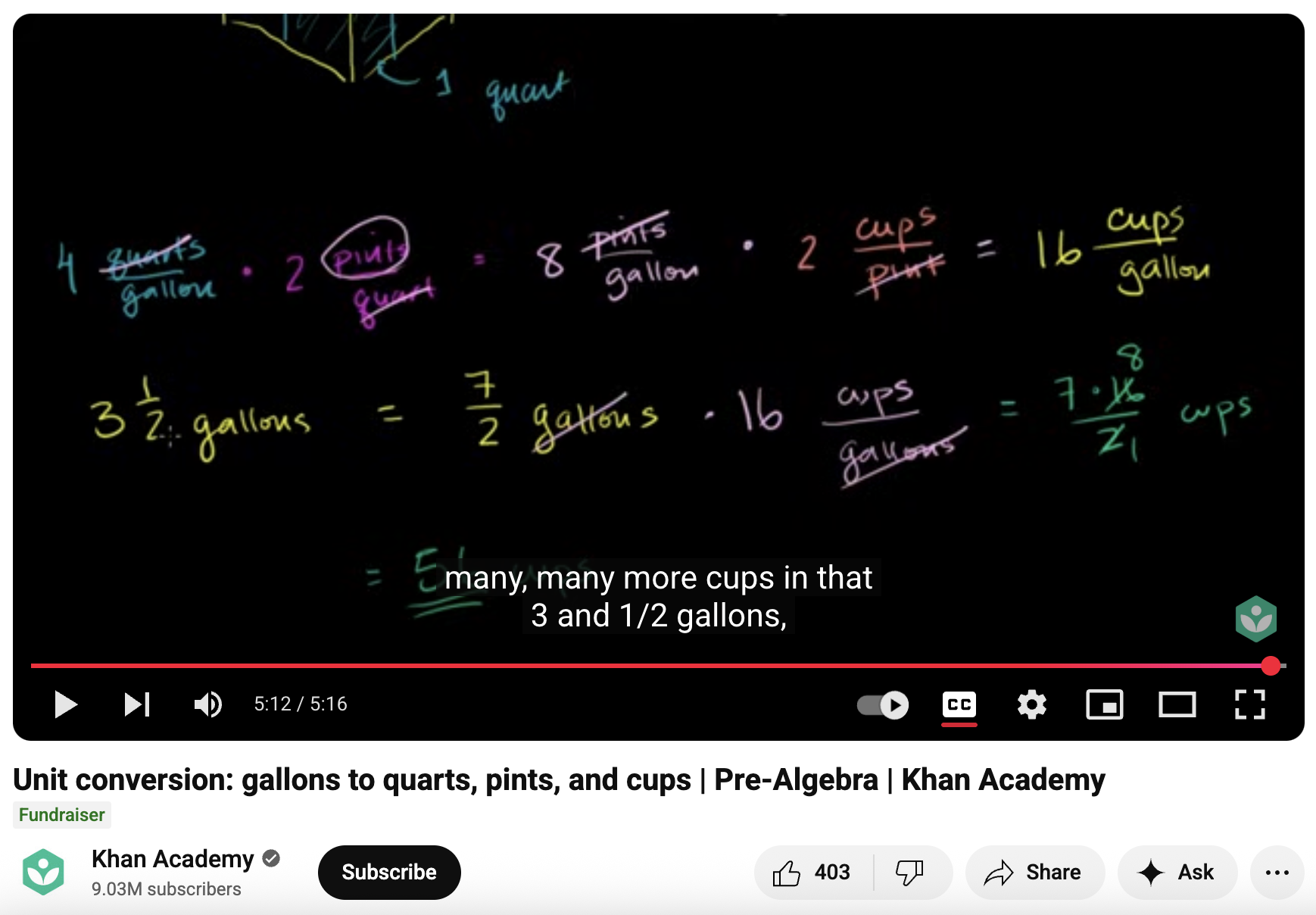 Unit Conversion: Gallons to Quarts, Pints, and Cups, Pre-Algebra Instructional Video