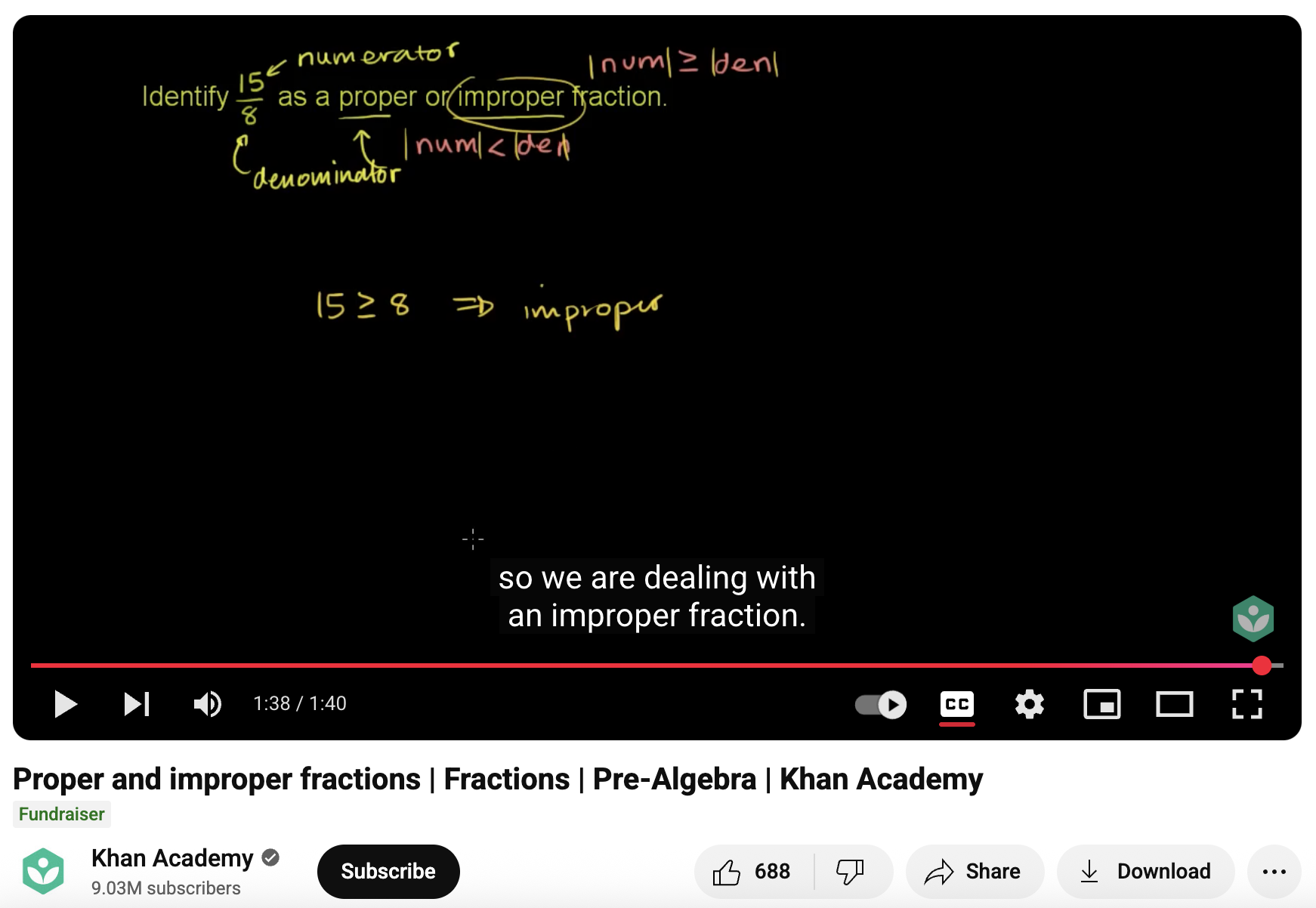 Proper and Improper Fractions, Fractions, Pre-Algebra Instructional Video