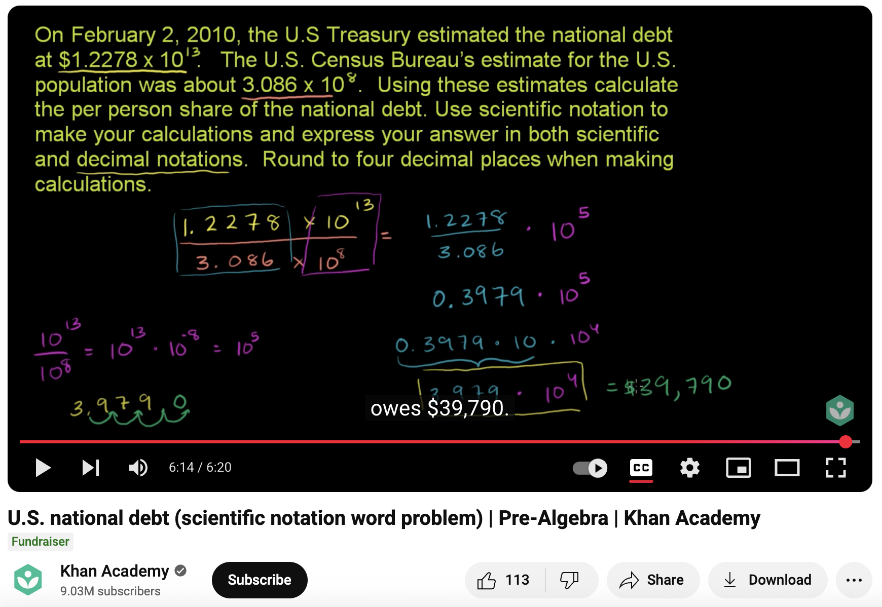 U.S. National Debt (Scientific Notation Word Problem), Pre-Algebra Instructional Video