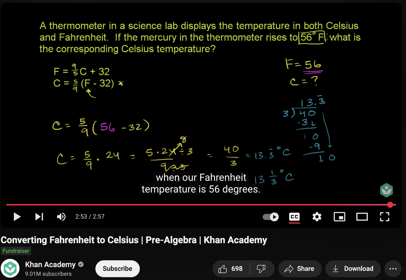 Converting Fahrenheit to Celsius, Pre-Algebra Instructional Video