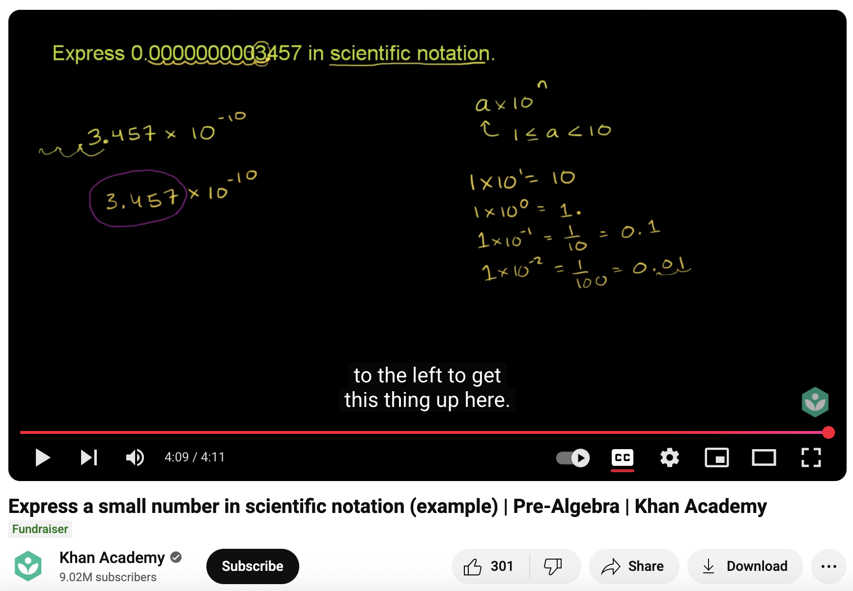 Express a Small Number in Scientific Notation (Example), Pre-Algebra Instructional Video