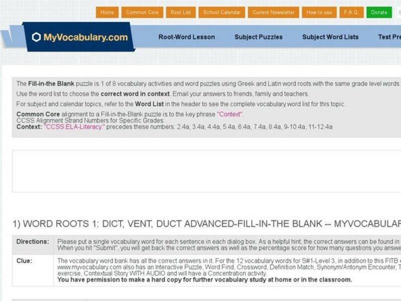 Word Roots 1: Dict, Vent, Duct Advanced Fill-in-the-Blank Interactive
