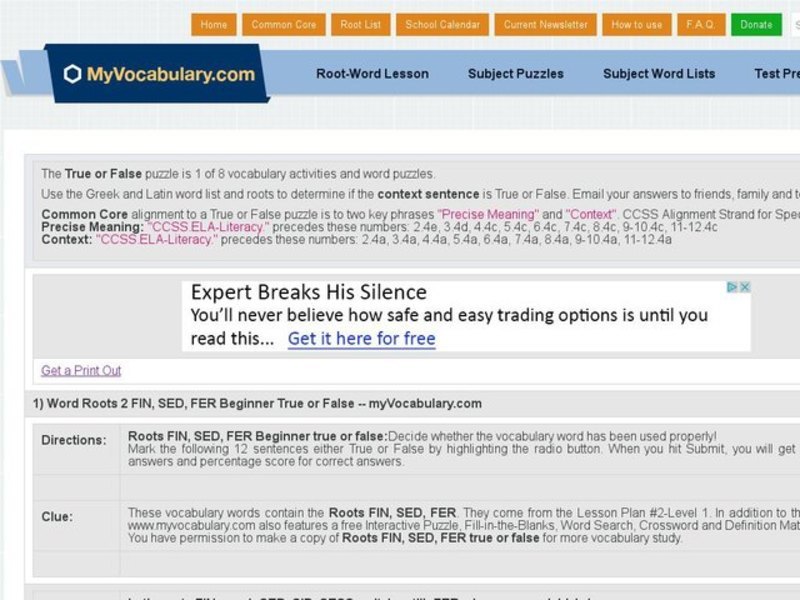 Word Roots 2: Fin, Sed, Fer Beginner True and False 1 Interactive