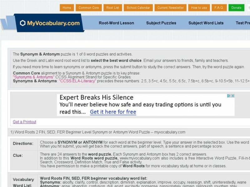 Latin Roots fin, sed, fer: Synonyms and Antonyms Interactive