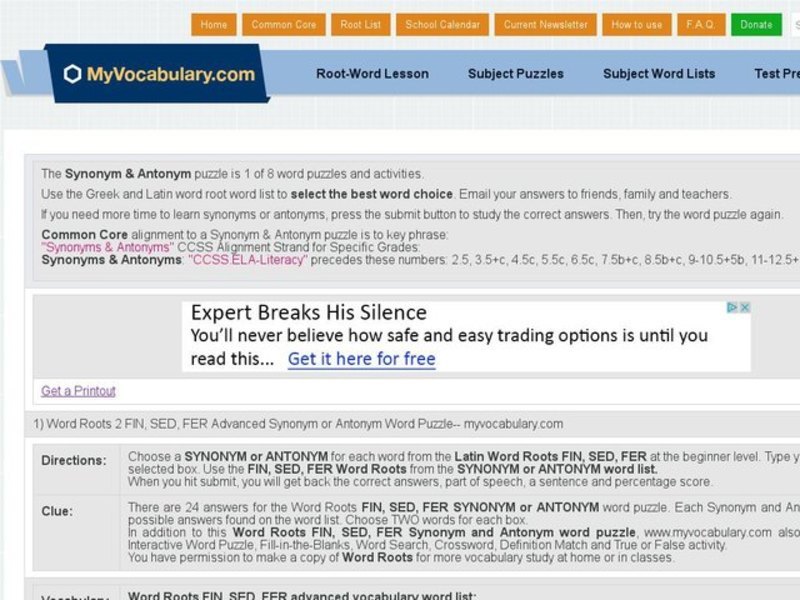 Word Roots 2: FIN, SED, FER Advanced Synonym and Antonym Word Puzzle Interactive