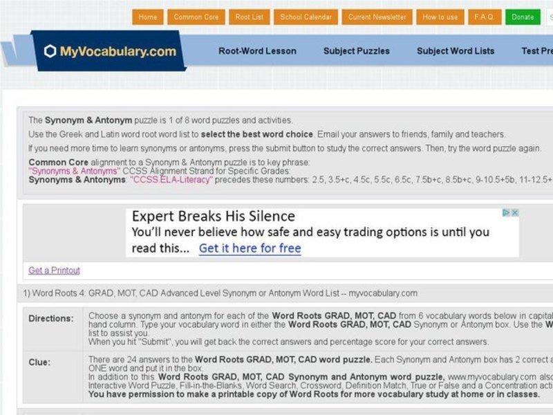 MyVocabulary.com: Word Roots GRAD, MOT, and CAD Advanced Synonym and Antonym Word List Interactive