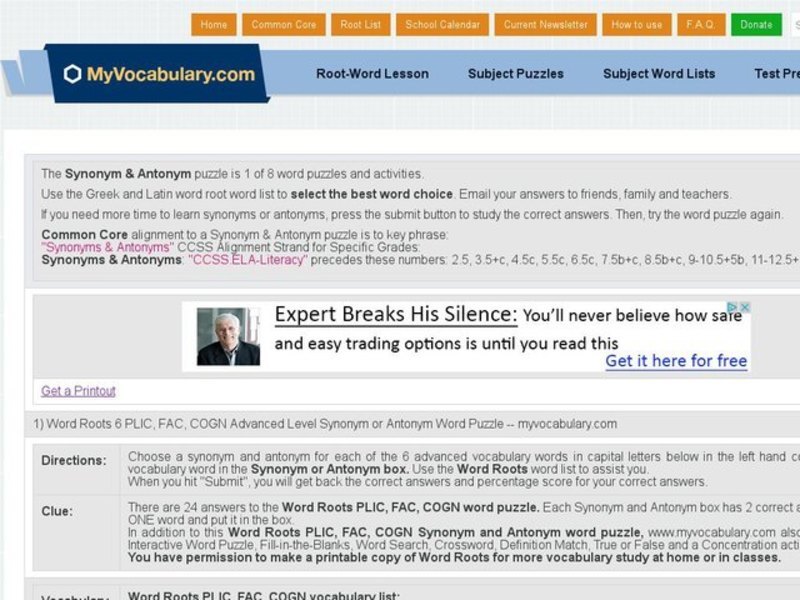 Word Roots 6: PLIC, FAC, COGN Advanced Level Synonym or Antonym Word Puzzle Interactive