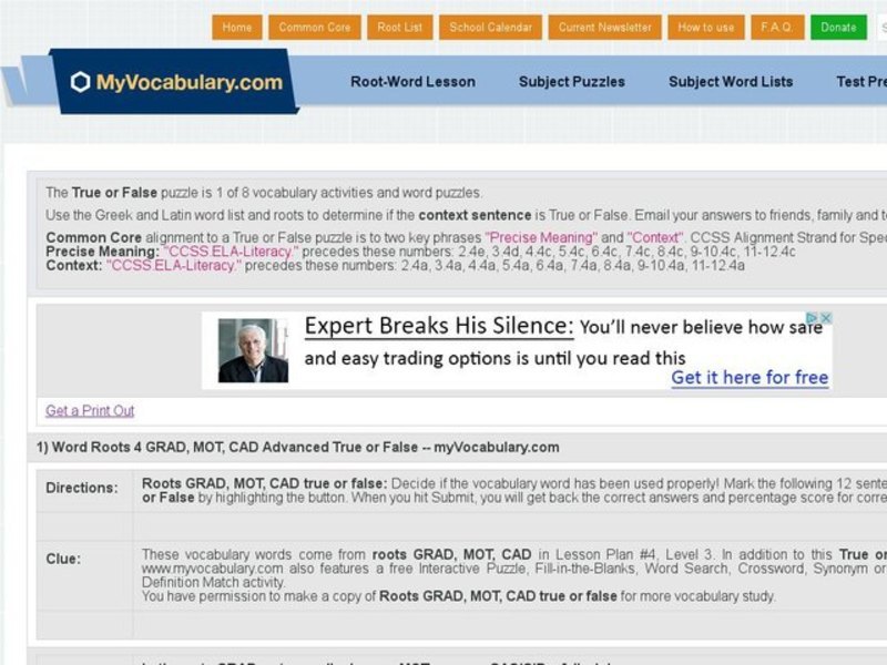 Word Roots 4: Grad, Mot, Cad Advanced True and False 3 Interactive