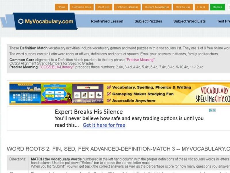 Word Roots 2: FIN, SED, FER Advanced Definition Match 3 Interactive