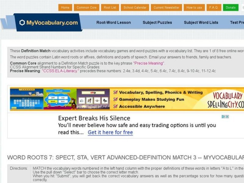 Word Roots SPECT, STA, and VERT Advanced Definition Match  Interactive