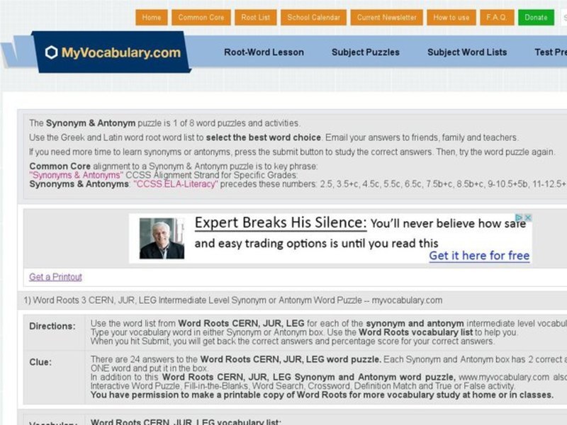Word Roots 3: CERN, JUR, LEG Intermediate Level Synonym or Anytonym Word Puzzle Interactive