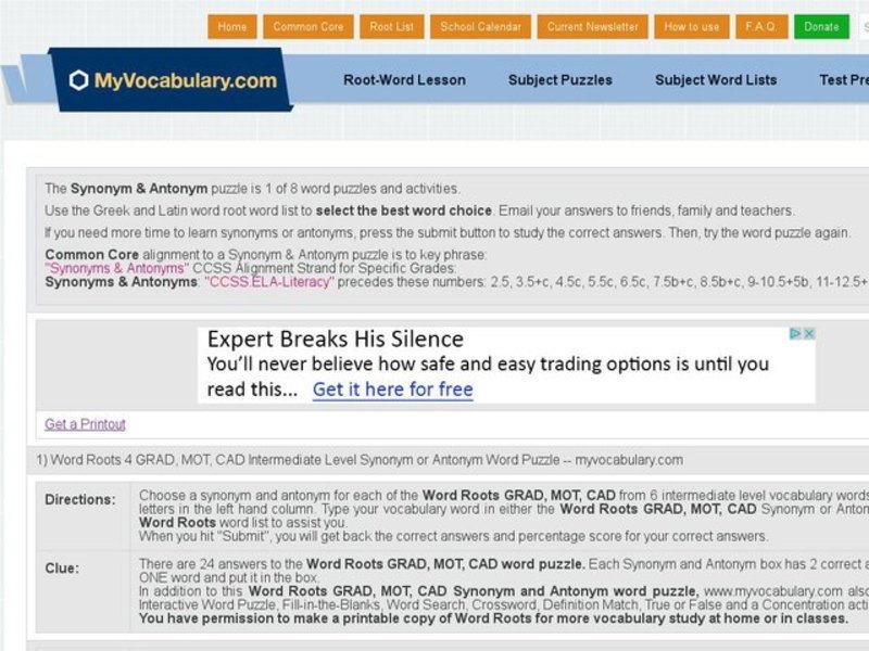 Latin Roots grad, mot, and cad: Intermediate Synonym and Antonym Word Puzzle Interactive