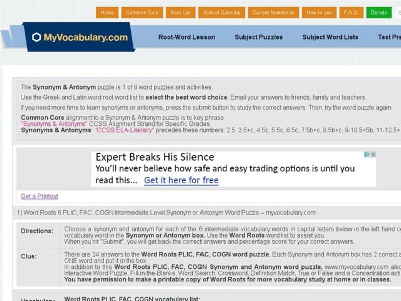 Word Roots 6: PLIC, FAC, COGN Intermediate Level Synonym or Antonym Interactive