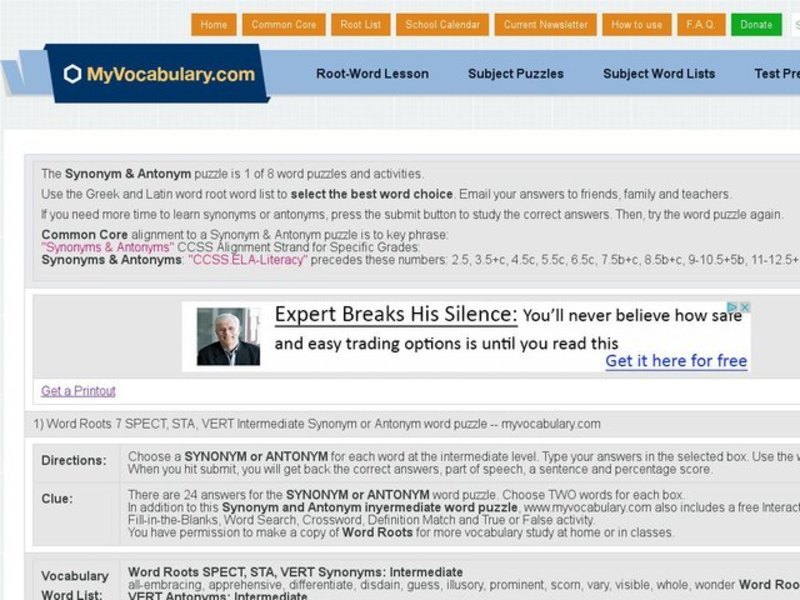 Word Roots 7: SPECT, STA, VERT Intermediate Synonym or Antonym Word Puzzle Interactive