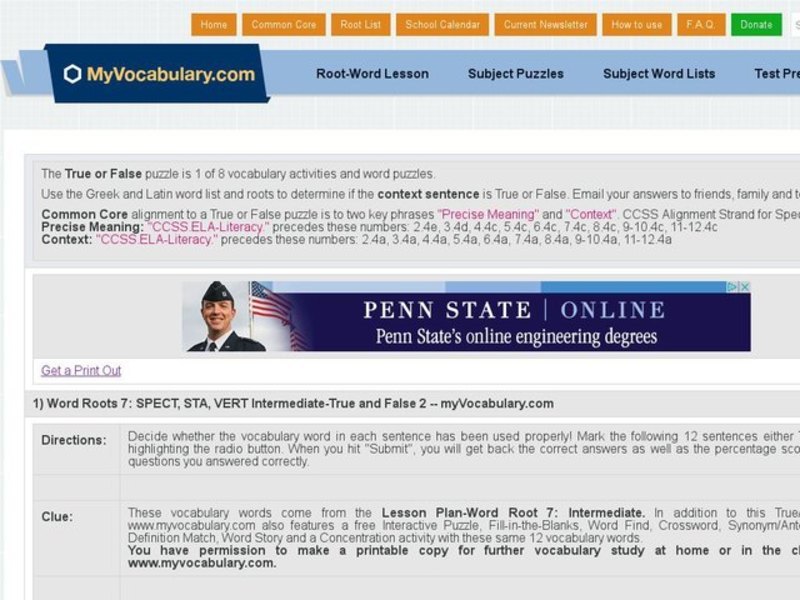 MyVocabulary.com: Word Roots SPECT, STA, and VERT Intermediate True/False Quiz Interactive