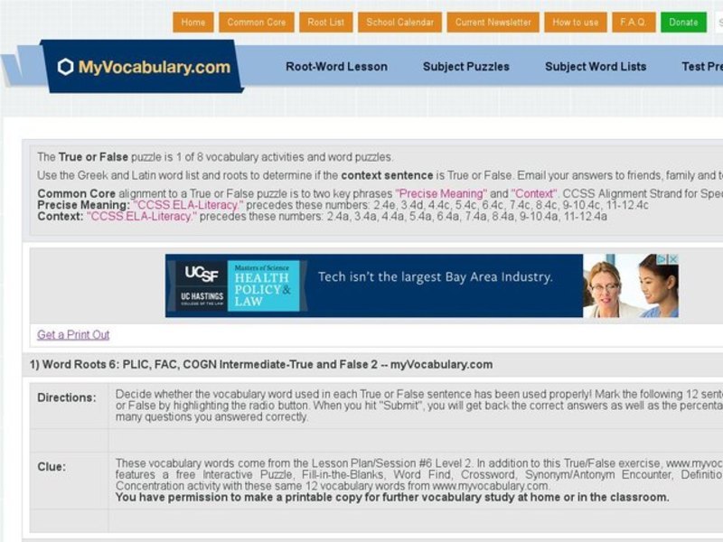 Word Roots 6: PLIC, FAC, COGN Intermediate True and False 2 Interactive