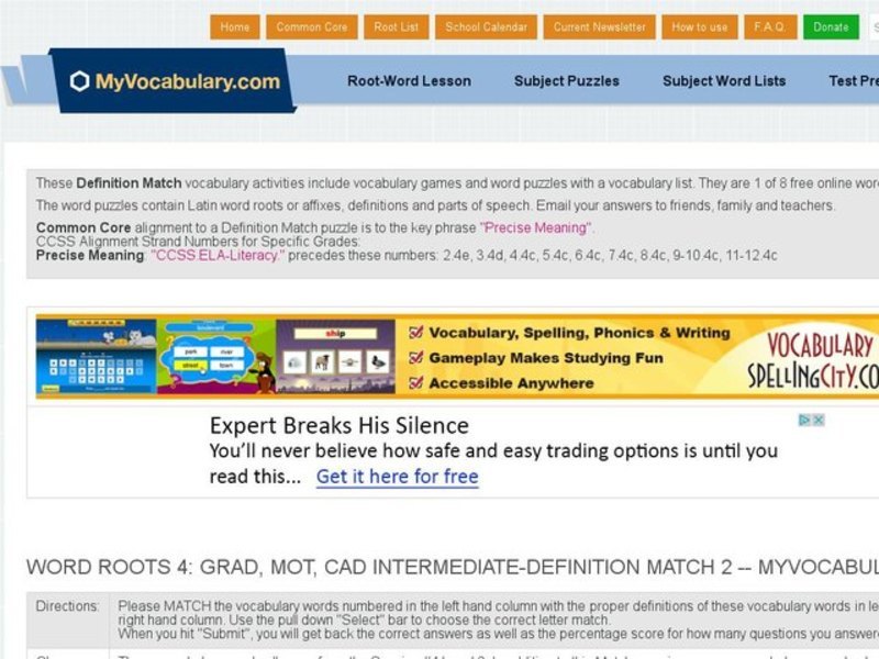 Word Roots GRAD, MOT, and CAD Intermediate Definition Match  Interactive