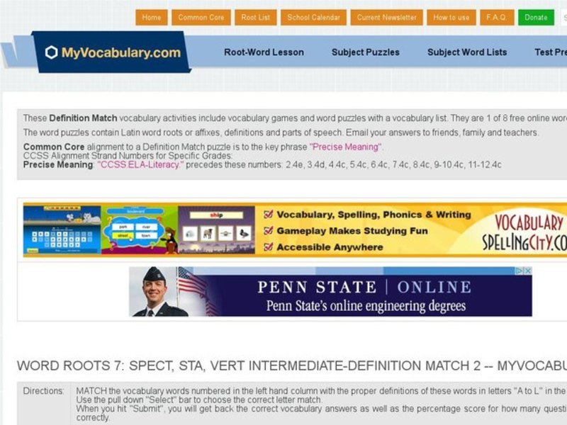 Word Roots SPECT, STA, and VERT Intermediate Definition Match  Interactive