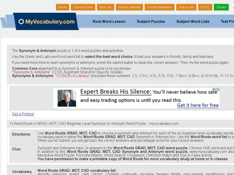 Word Roots 4: GRAD, MOT, CAD Beginner Level Synonym or Antonym Word Puzzle Interactive