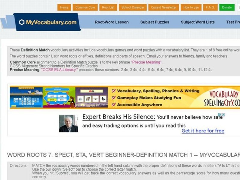 MyVocabulary.com: Word Roots SPECT, STA, and VERT Beginner Definition Match   Interactive