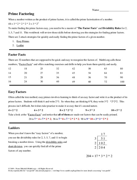 Finding Prime Factors Worksheet