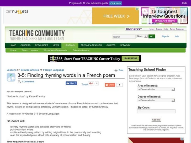Finding Rhyming Words in a French Poem Lesson Plan